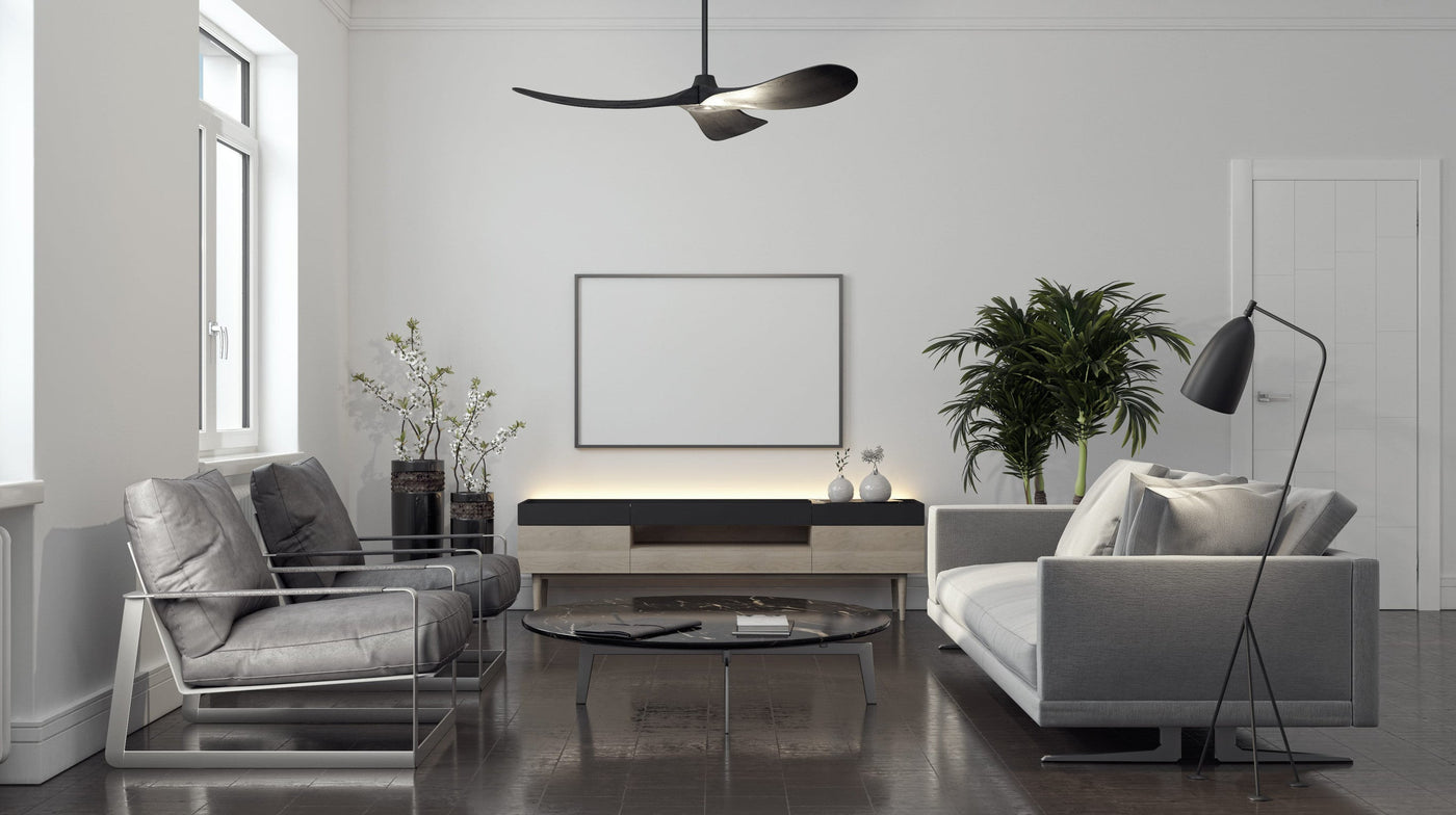 Modern living room with a sleek low-profile ceiling fan