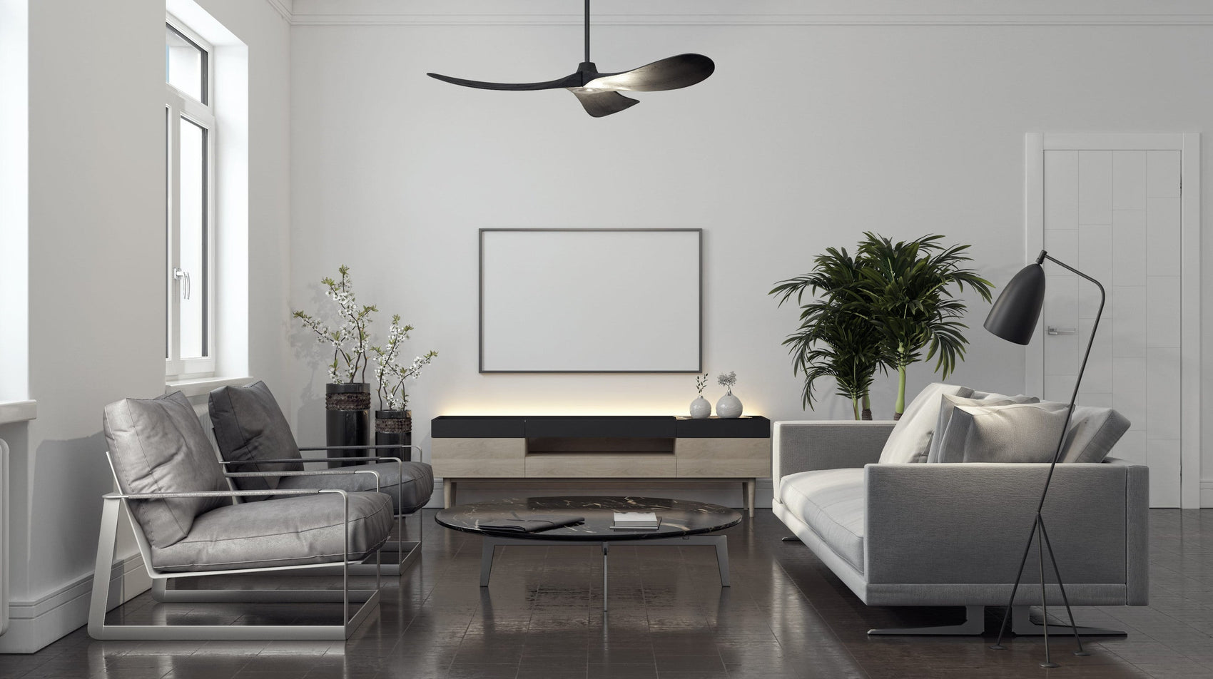Modern living room with a sleek low-profile ceiling fan