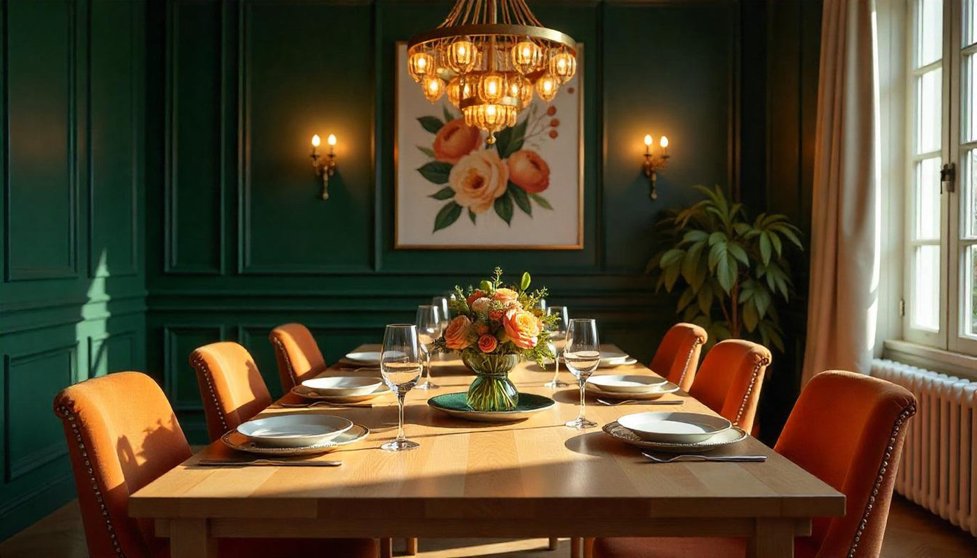 Elegant multi-tier chandelier over a set dining room table