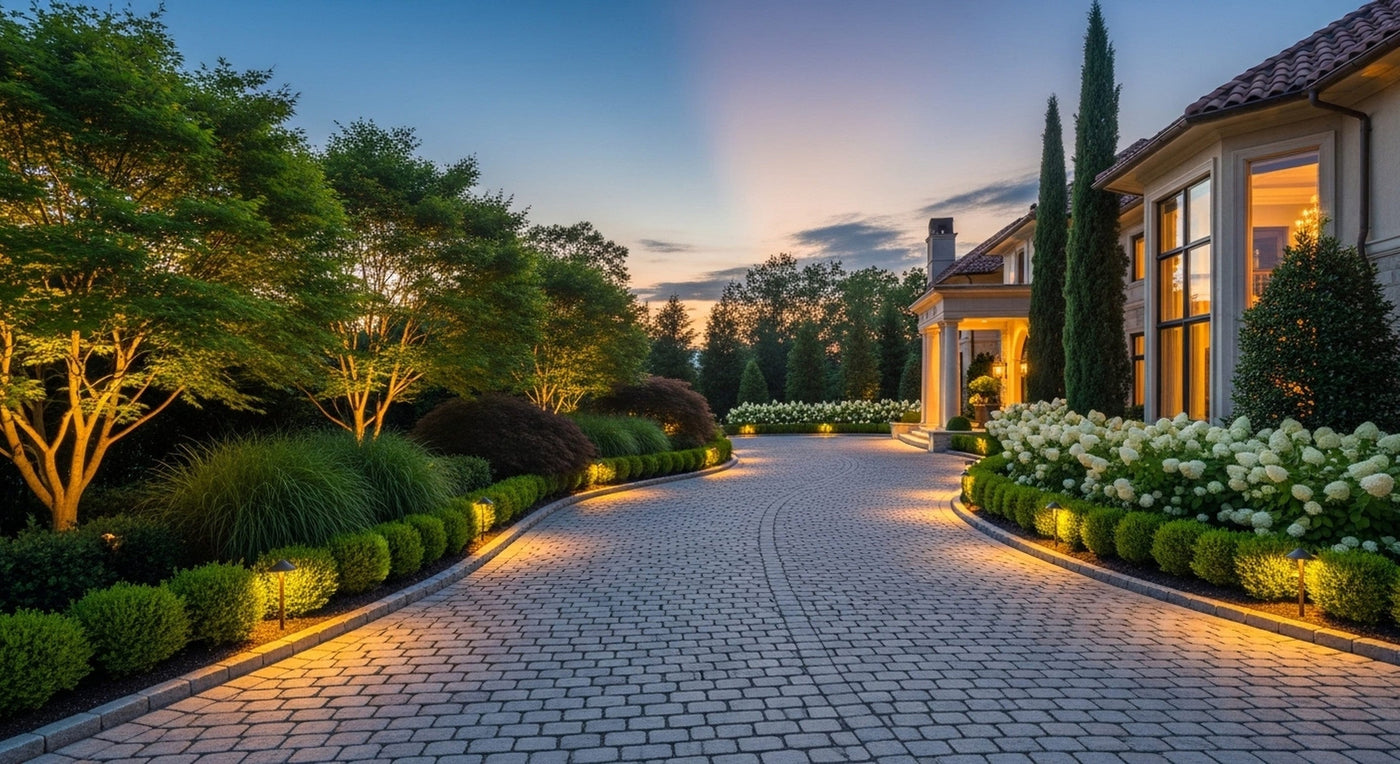 Home exterior and driveway lit with low voltage landscape lighting at dusk
