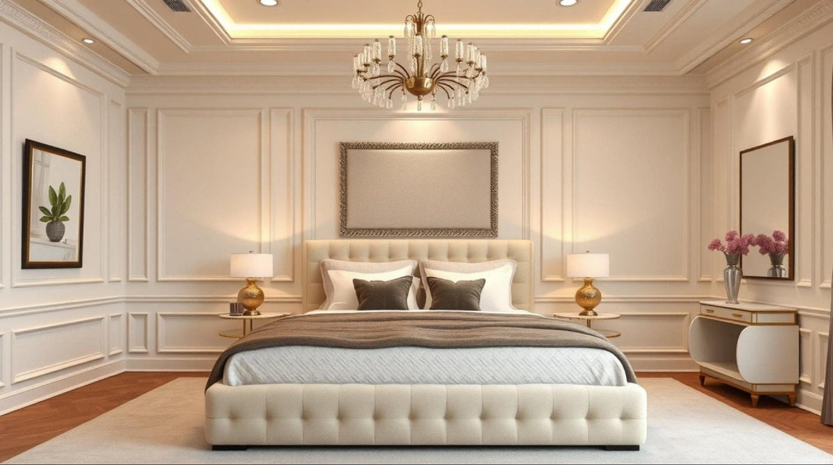 Crystal chandelier centered over a tufted bed in a soft neutral bedroom