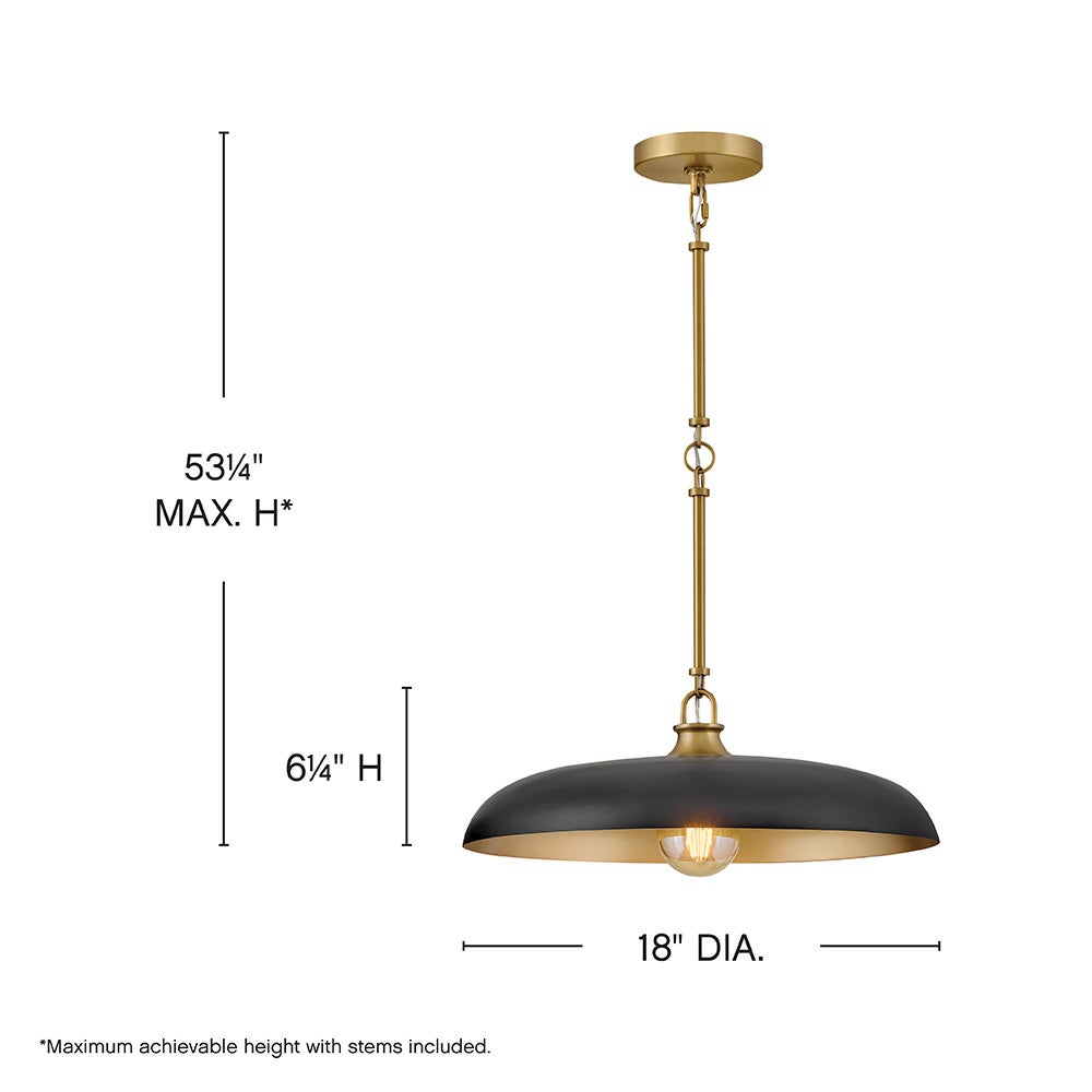 Sadie 18" Shallow Pan Pendant in Lacquered Brass with Black - dimensions