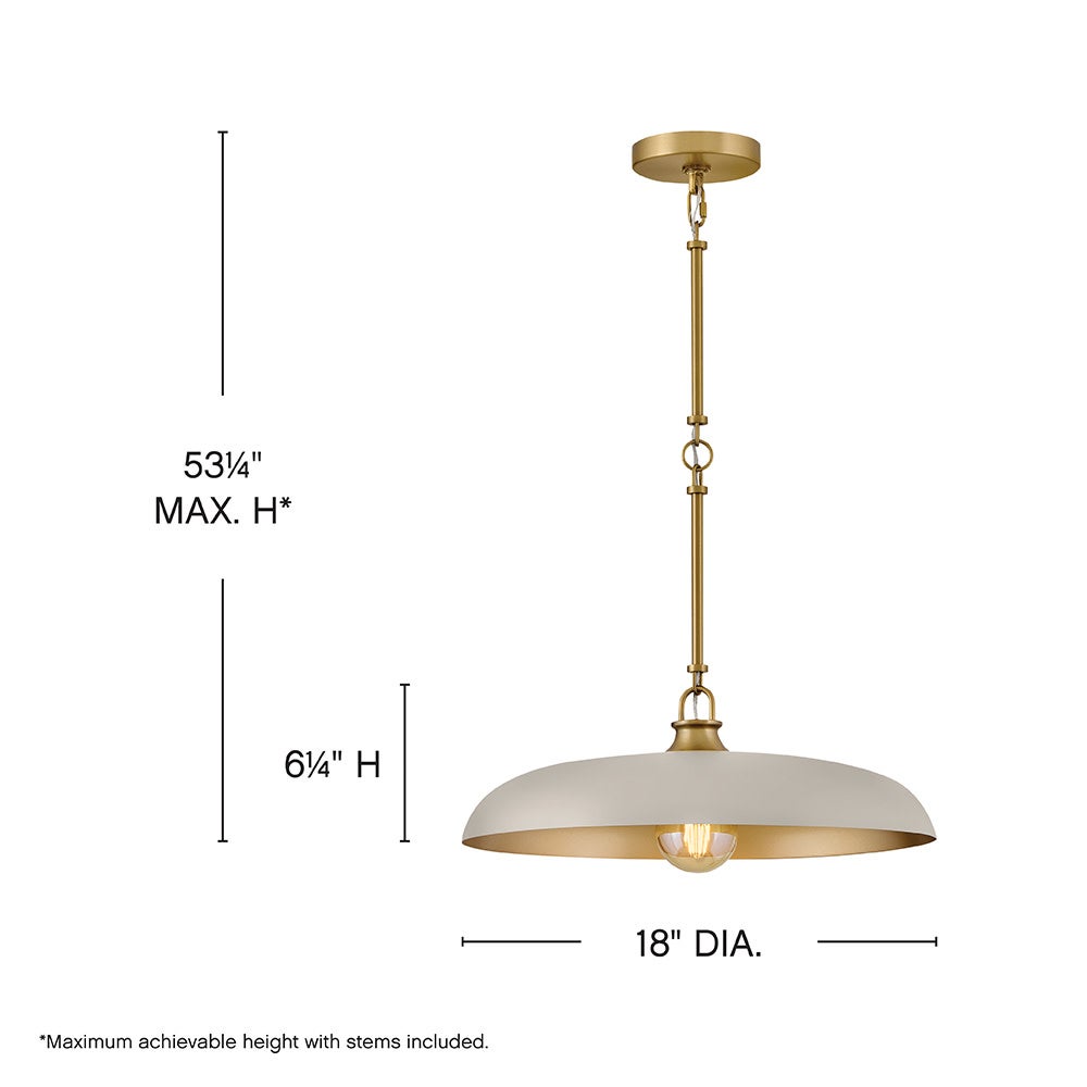 Sadie 18" Shallow Pan Pendant in Lacquered Brass with Light Taupe - dimensions
