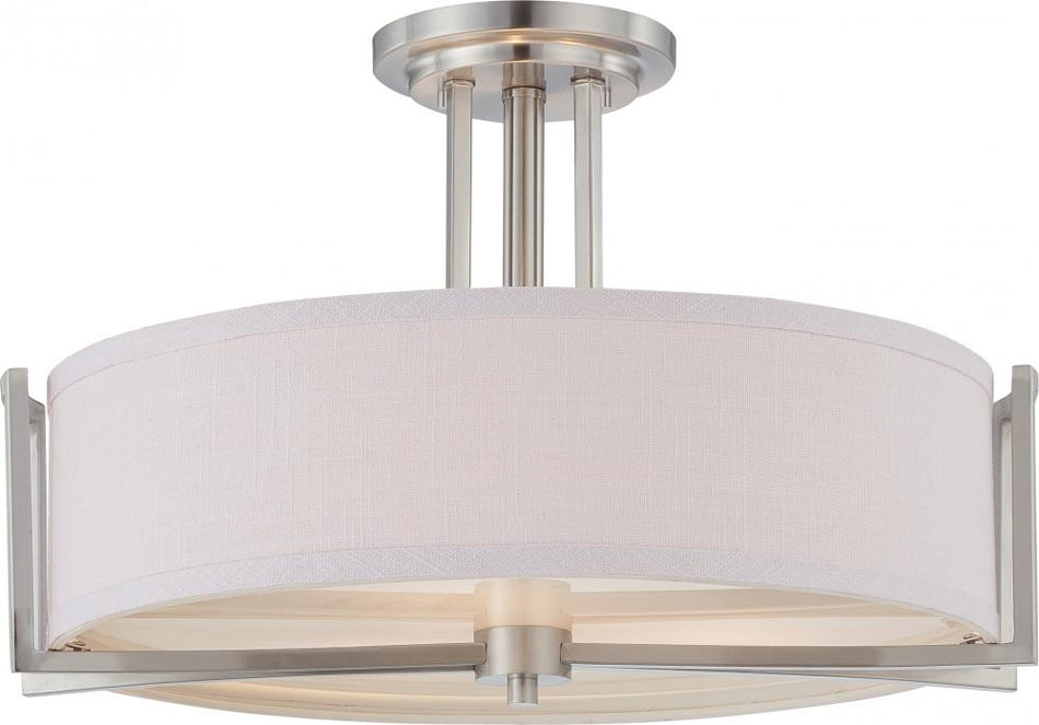 Gemini; 3 Light; Semi-Flush Fixture with Slate Gray Fabric Shade; Finish