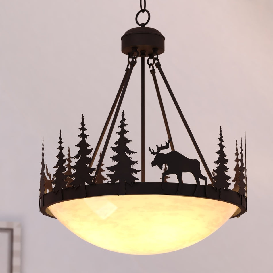 VAXCEL Yellowstone 4-Light 24 in. Wide Burnished Bronze Rustic Moose Bowl Pendant with Amber Flake G