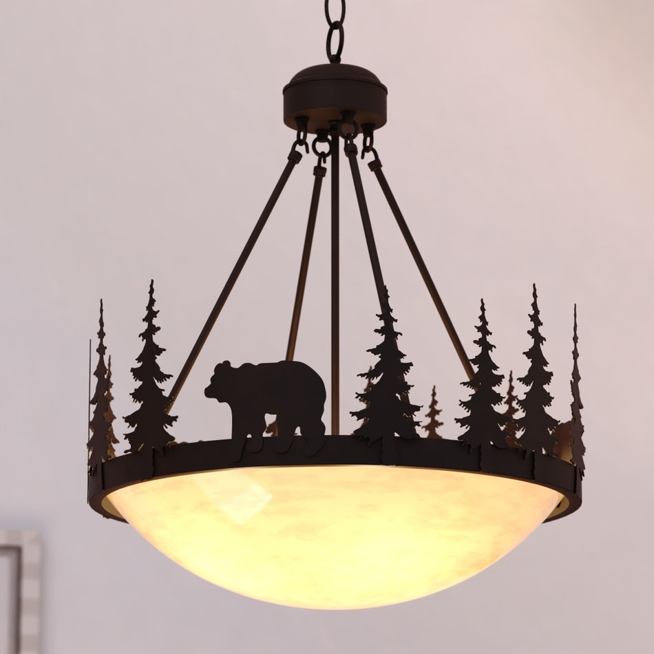 VAXCEL Bozeman 4-Light 24 in. Wide Burnished Bronze Rustic Bear Bowl Pendant with Amber Flake Glass