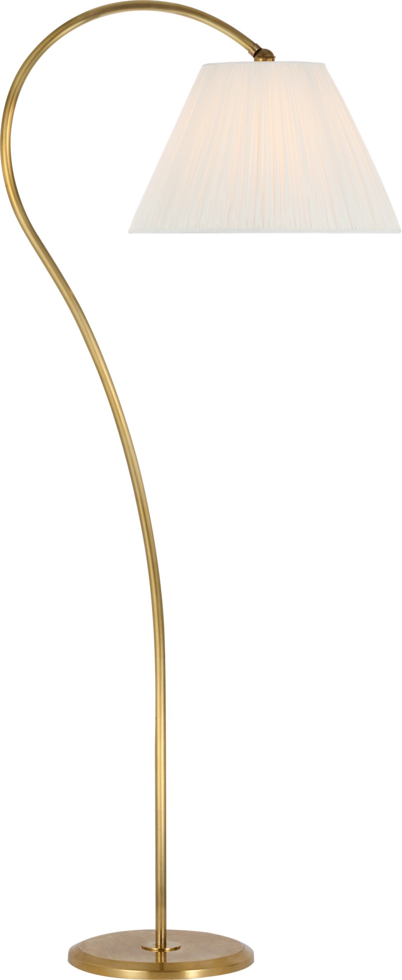Dume Large Arched Floor Lamp in Hand-Rubbed Antique Brass with Silk Pleated Shade