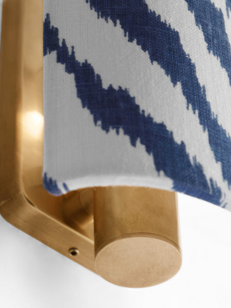 Maeve 8" Shield Sconce in Hand-Rubbed Antique Brass with Schumacher Blue Quincy Shield