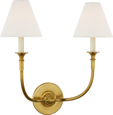 Piaf Double Sconce in Hand-Rubbed Antique Brass with Linen Shade